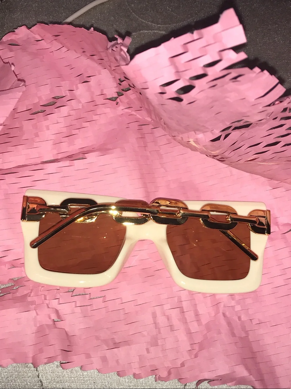 Ivory Square Frame Sunglasses with Brown Lenses & chain detailing